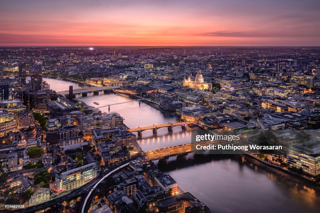 Aerial View of London Cityscape with River Thames at Twilight