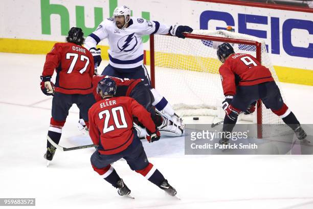 Alex Killorn of the Tampa Bay Lightning scores a goal on Braden Holtby of the Washington Capitals during the third period in Game Four of the Eastern...