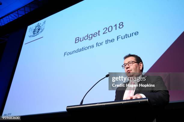 Finance Minister Grant Robertson delivers a post budget address during an ANZ lunch event at Shed 6 on May 18, 2018 in Wellington, New Zealand. Grant...