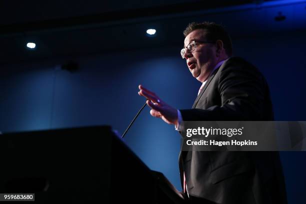 Finance Minister Grant Robertson delivers a post budget address during an ANZ lunch event at Shed 6 on May 18, 2018 in Wellington, New Zealand. Grant...