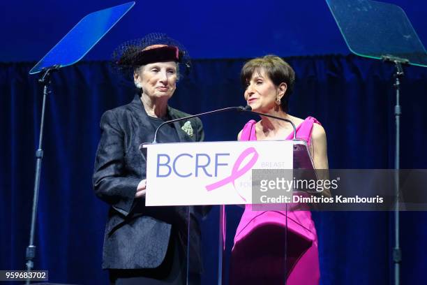 Roz Goldstein and Myra Biblowit speak onstage during the Breast Cancer Research Foundation Hot Pink Gala hosted by Elizabeth Hurley at Park Avenue...