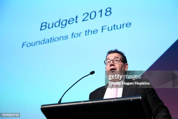 Finance Minister Grant Robertson delivers a post budget address during an ANZ lunch event at Shed 6 on May 18, 2018 in Wellington, New Zealand. Grant...