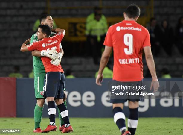 Martin Campaña and Diego Rodriguez Berrini of Independiente after a match between Millonarios and Independiente as part of Copa CONMEBOL Libertadores...