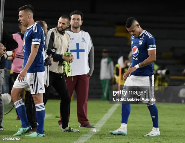 Henry Rojas Delgado and Ayron del Valle of Millonarios leave the field after a match between Millonarios and Independiente as part of Copa CONMEBOL...