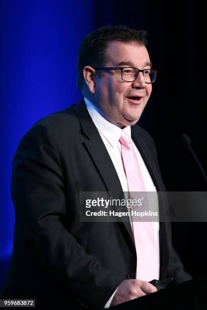 Finance Minister Grant Robertson delivers a post budget address during an ANZ lunch event at Shed 6 on May 18, 2018 in Wellington, New Zealand. Grant...