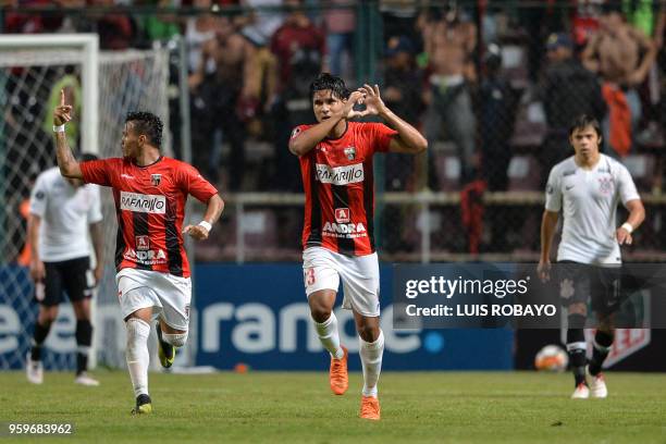 Venezuela's Deportivo Lara forward Jesus Hernandez celebrates after scoring against Brazil's Corinthians during their Copa Libertadores football...