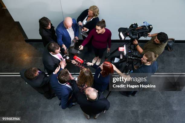 Finance Minister Grant Robertson speaks to media after an ANZ lunch event at Shed 6 on May 18, 2018 in Wellington, New Zealand. Grant Robertson...