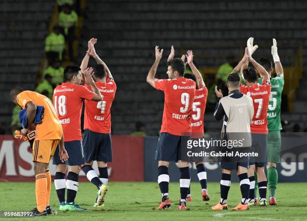 Players of Independiente greet to their fans after a match between Millonarios and Independiente as part of Copa CONMEBOL Libertadores 2018 at...