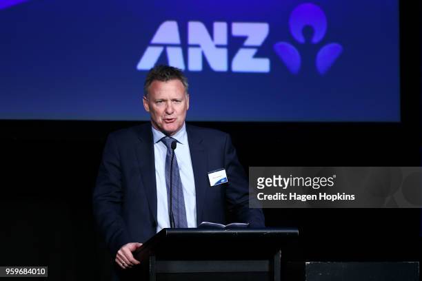 Managing Director Institutional Paul Goodwin of ANZ speaks during an ANZ post budget lunch event at Shed 6 on May 18, 2018 in Wellington, New...
