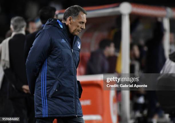 Miguel Angel Russo coach of Millonarios gestures during a match between Millonarios and Independiente as part of Copa CONMEBOL Libertadores 2018 at...