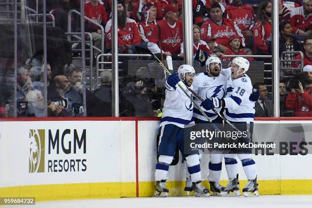 Alex Killorn of the Tampa Bay Lightning celebrates with his teammates after scoring a third period goal against the Washington Capitals in Game Four...