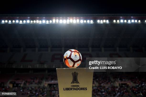 The ball is photographed before their Copa Libertadores football match between Venezuela's Deportivo Lara and Brazil's Corinthians at Metropolitano...