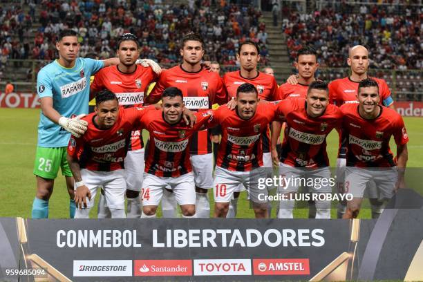 Venezuela's Deportivo Lara members pose for the picture before the start their Copa Libertadores football match against Brazil's Corinthians at...