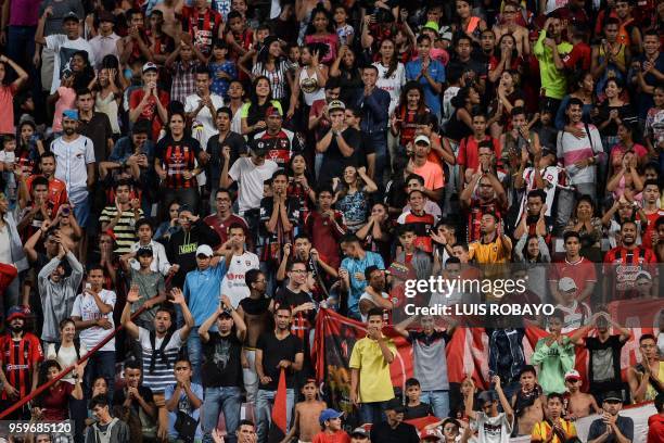 Supporters Venezuela's Deportivo Lara reacts during their Copa Libertadores football match against Brazil's Corinthians at Metropolitano de Lara...