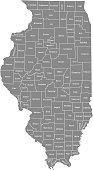 Illinois county map vector outline illustration with counties names labeled in gray background. Highly detailed county map of Illinois state of United States of America, USA