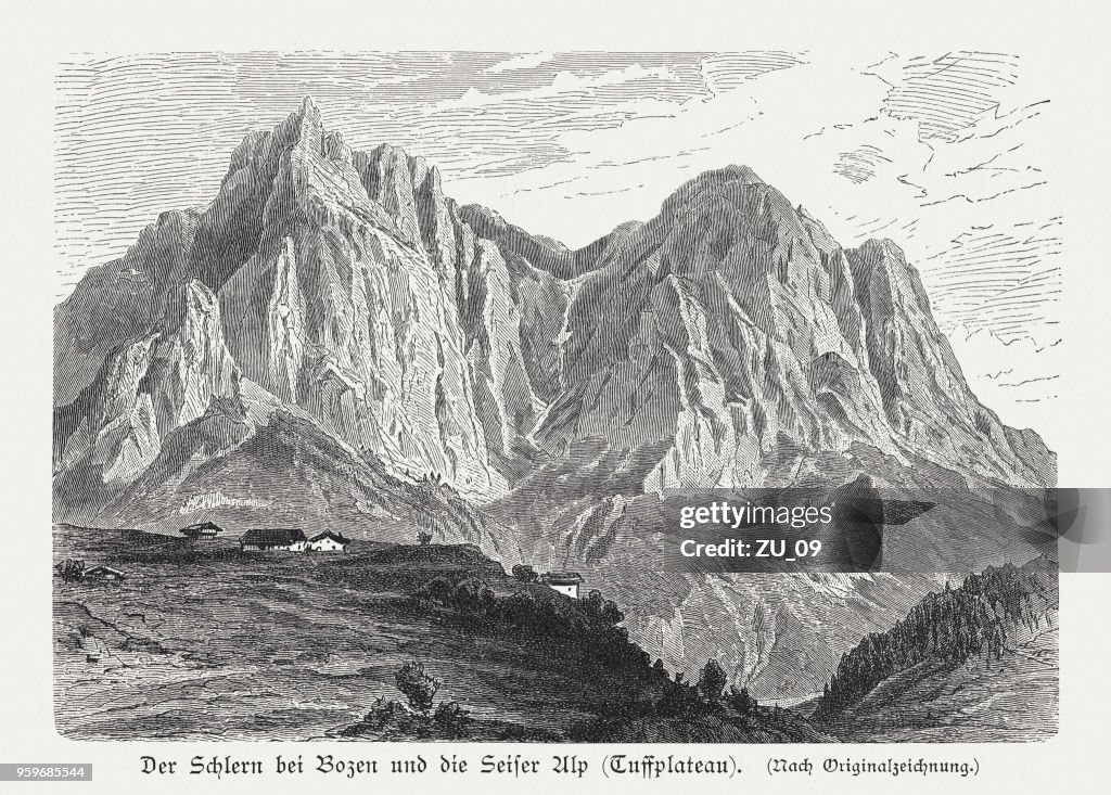 Schlern en Tuffalm (Völs), Dolomiti, Italië, houtsnede, gepubliceerd 1897