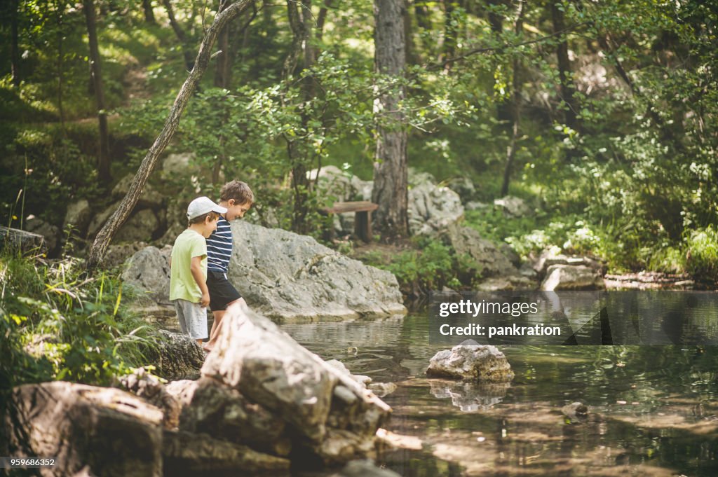 Meninos a brincar junto ao lago na floresta