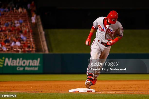 Pedro Florimon of the the Philadelphia Phillies rounds third base after hitting a two-run home run against the St. Louis Cardinals in the ninth...