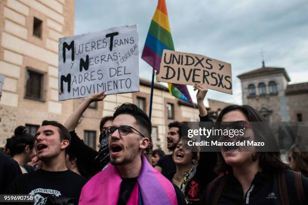 People protesting during the International Day Against Homophobia, Transphobia and Biphobia to demand equality for LGBT community.