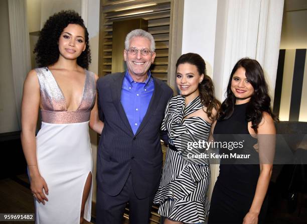 Madeleine Mantock, President of The CW Television Network Mark Pedowitz, Sarah Jeffrey and Melonie Diaz attend The CW Network's 2018 upfront party at...