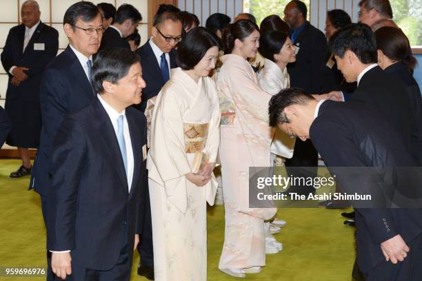 Crown Prince Naruhito, Princess Kiko of Akishino, Princess Mako of Akishino talk with guests at a tea party inviting leaders attending the Pacific...