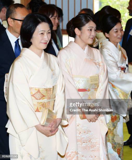 Princess Kiko and Princess Mako of Akishino talk with guests at a tea party inviting leaders attending the Pacific Alliance Leaders Meeting at the...
