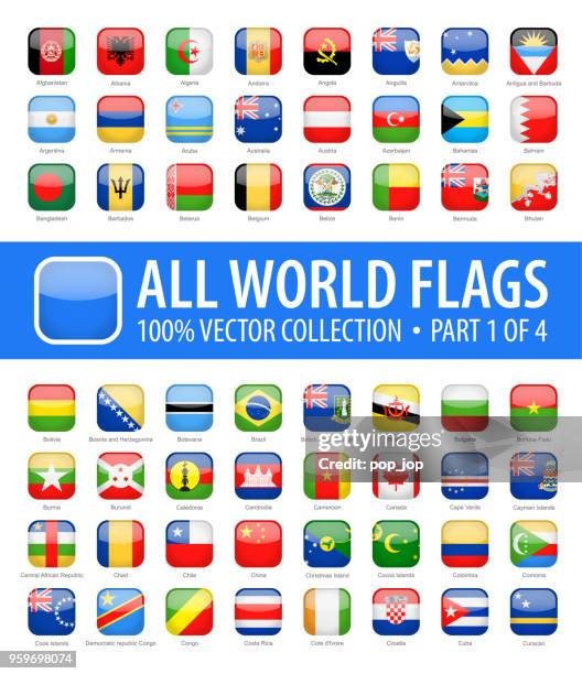 world flags - vector rounded square glossy icons - part 1 of 4 - square flag stock illustrations