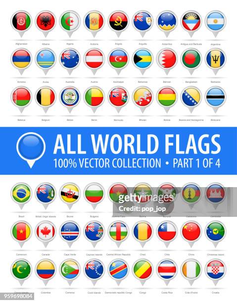 world flag round pins - vector glossy icons - part 1 of 4 - brooch pin stock illustrations