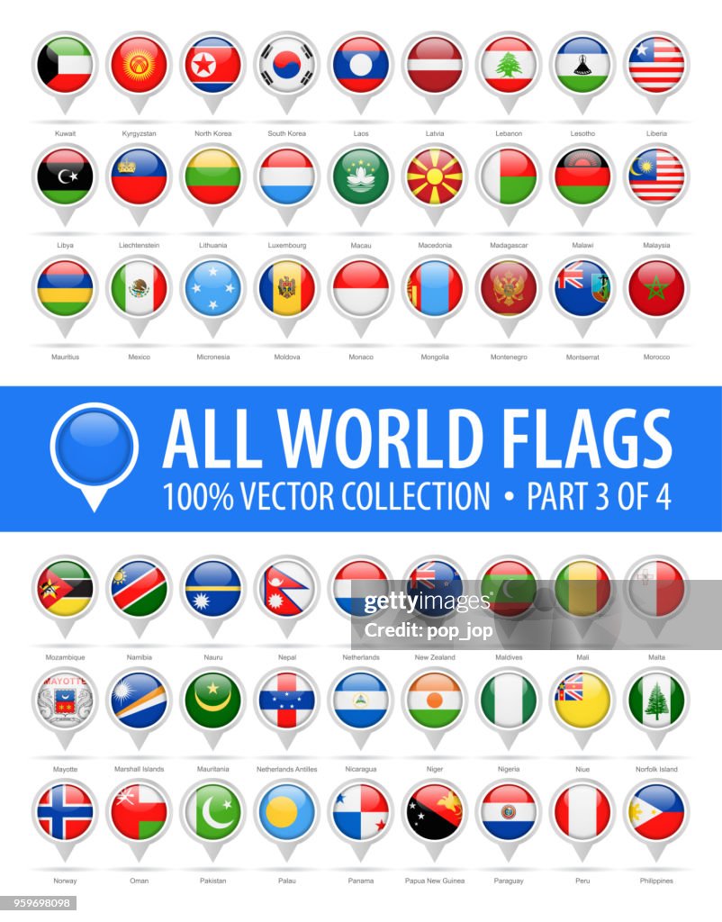 World Flag Round Pins - Vector Glossy Icons - Part 3 of 4
