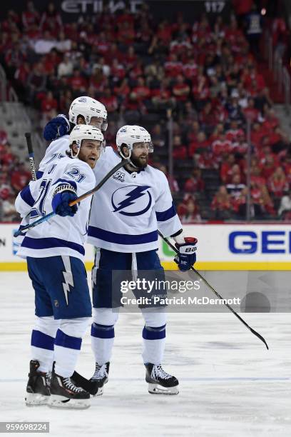 Nikita Kucherov of the Tampa Bay Lightning celebrates with his teammates after scoring a second period goal against the Washington Capitals in Game...