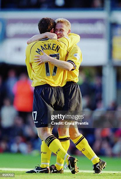 Lee Cartwright of Preston North End celebrates his goal with team mate Jon Macken during the Nationwide League Division One match between Portsmouth...