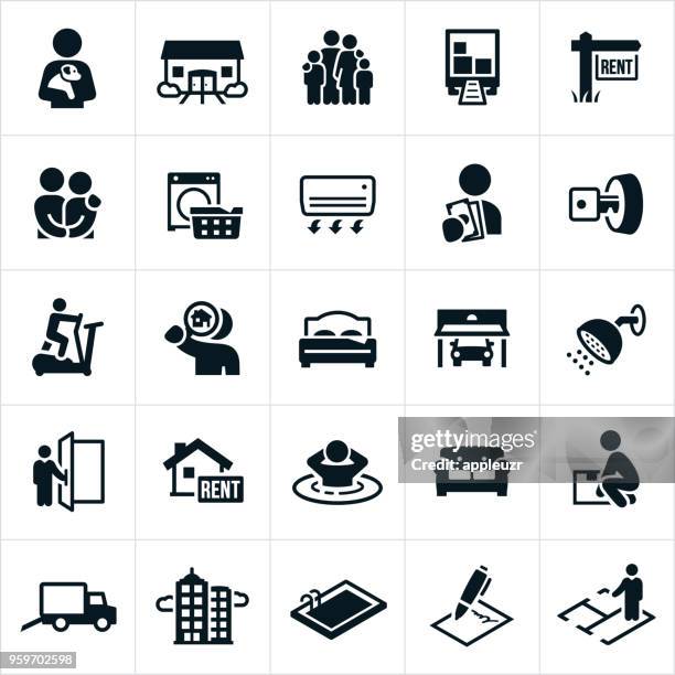 stockillustraties, clipart, cartoons en iconen met appartement verhuur pictogrammen - couple in bed