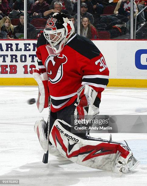 Martin Brodeur of the New Jersey Devils makes a save against the Montreal Canadiens during the game at the Prudential Center on January 22, 2010 in...