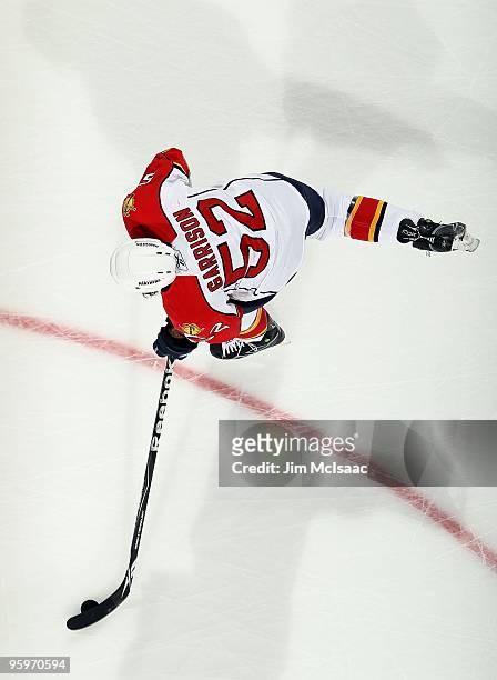 Jason Garrison of the Florida Panthers warms up before playing the New Jersey Devils at the Prudential Center on January 20, 2010 in Newark, New...