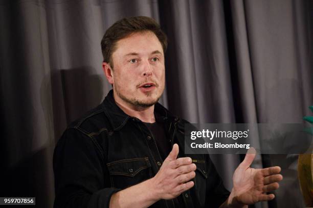 Elon Musk, co-founder and chief executive officer of Tesla Inc., speaks during a Boring Co. Event in Los Angeles, California, U.S., on Thursday, May...