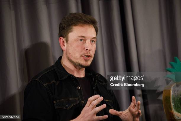 Elon Musk, co-founder and chief executive officer of Tesla Inc., speaks during a Boring Co. Event in Los Angeles, California, U.S., on Thursday, May...