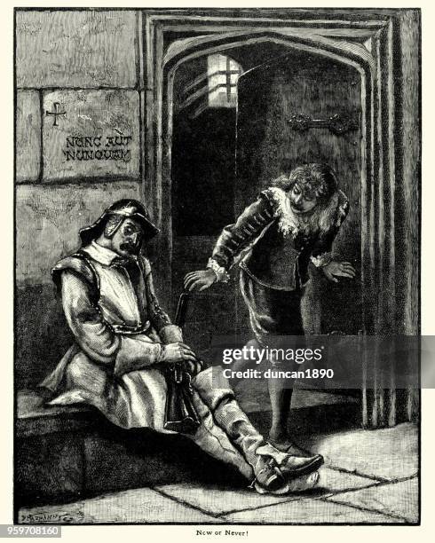 royalist prisoner escapes while guard is sleeping on the job - watchman-sleeping stock illustrations