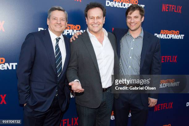 Ted Sarandos, Mitchell Hurwitz and guest arrive for the premiere of Netflix's "Arrested Development" Season 5 at Netflix FYSee Theater on May 17,...