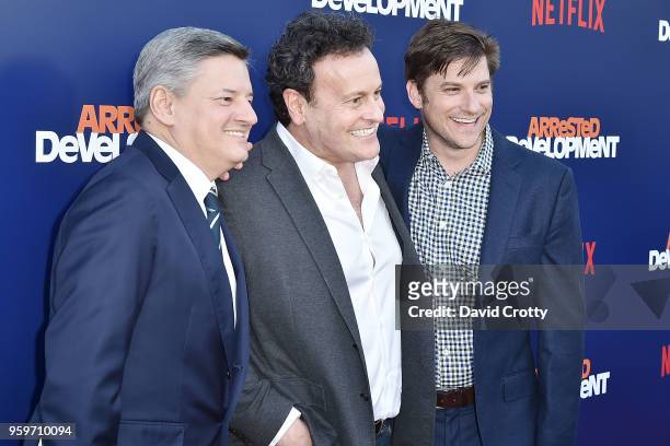 Ted Sarandos; Mitchell Hurwitz and Blair Fetter attend the "Arrested Development" Season 5 Premiere on May 17, 2018 in Los Angeles, California.