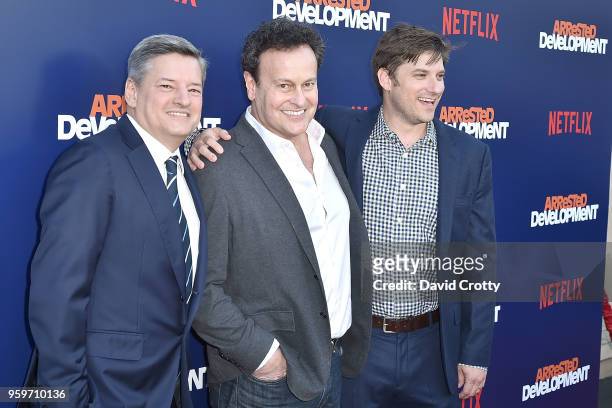 Ted Sarandos; Mitchell Hurwitz and Blair Fetter attend the "Arrested Development" Season 5 Premiere on May 17, 2018 in Los Angeles, California.