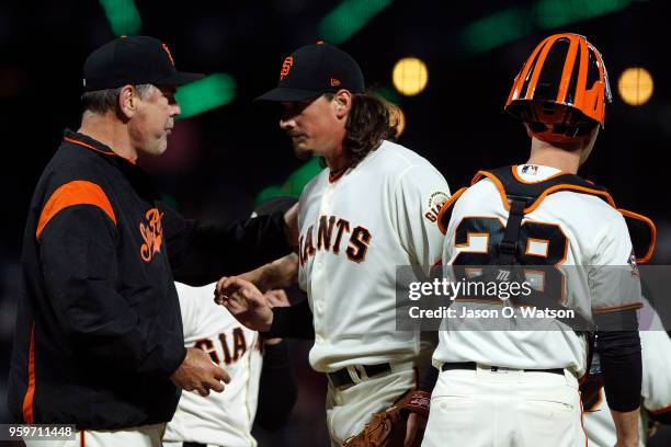 Jeff Samardzija of the San Francisco Giants is relieved by manager Bruce Bochy during the seventh inning against the Colorado Rockies at AT&T Park on...