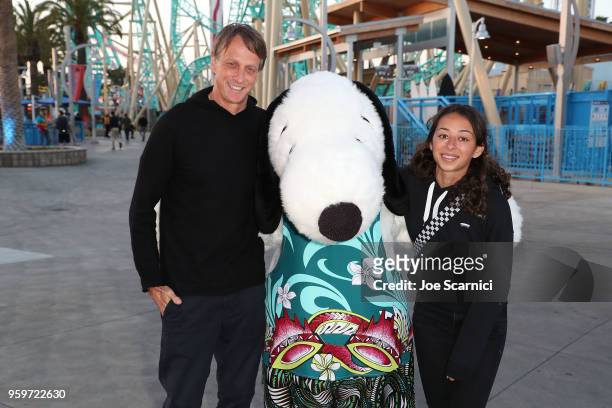 Tony Hawk, Snoopy and Lizzie Armanto attend the Knott's Berry Farm kick off preview party launching new dive coaster - HangTime at Knott's Berry Farm...