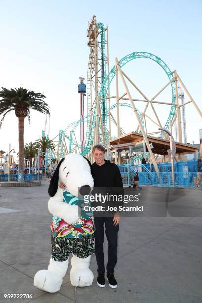 Snoopy and Tony Hawk attend the Knott's Berry Farm kick off preview party launching new dive coaster - HangTime at Knott's Berry Farm on May 17, 2018...