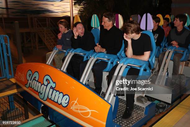 Tony Hawk and guests test out the new HangTime dive coaster at Knott's Berry Farm kick off preview party launching new dive coaster - HangTime at...