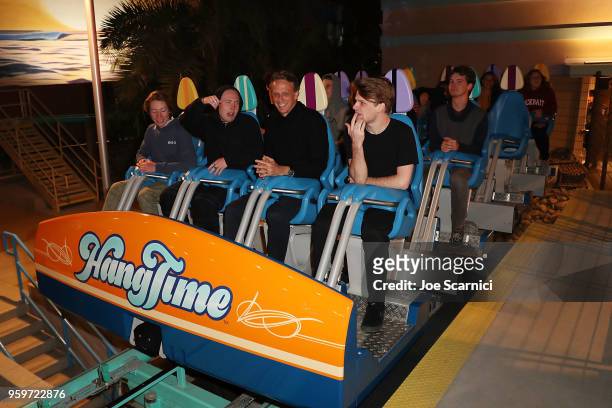 Tony Hawk and guest test out the new HangTime dive coaster at Knott's Berry Farm kick off preview party launching new dive coaster - HangTime at...