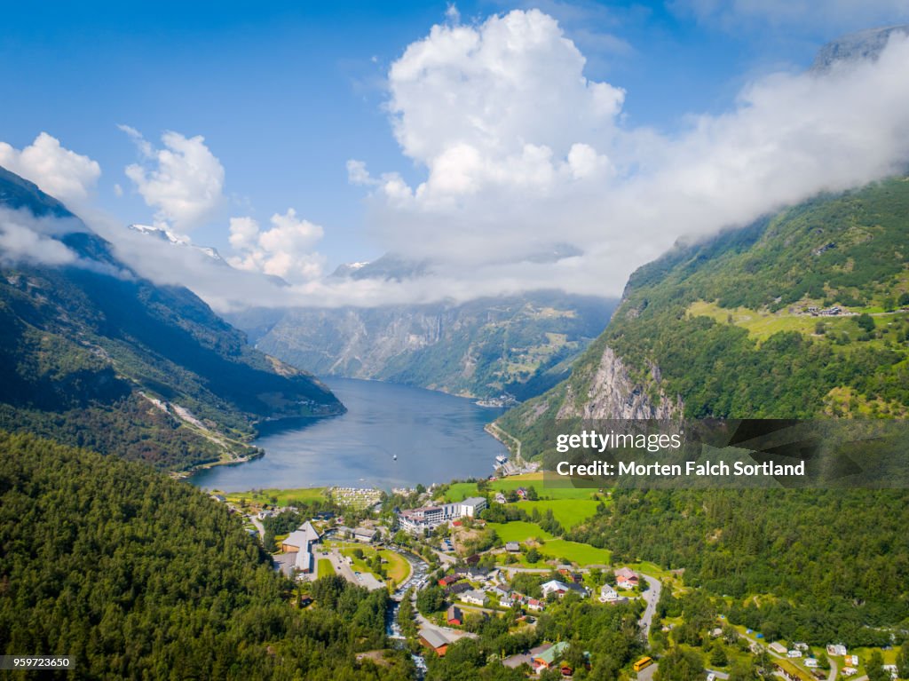 Aerial Drone Shot of the Majestic Geirangerfjord, Norway Summertime