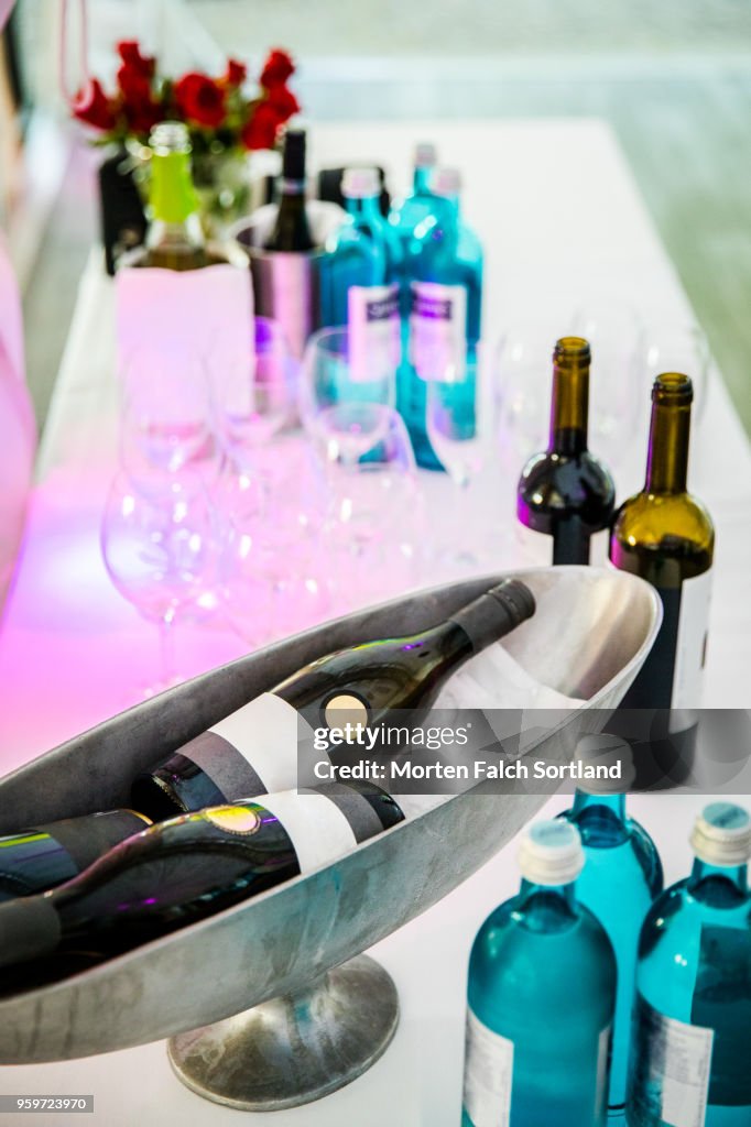 A Selection of Wines on a Table at a Wedding Reception in Berlin, Germany Summertime