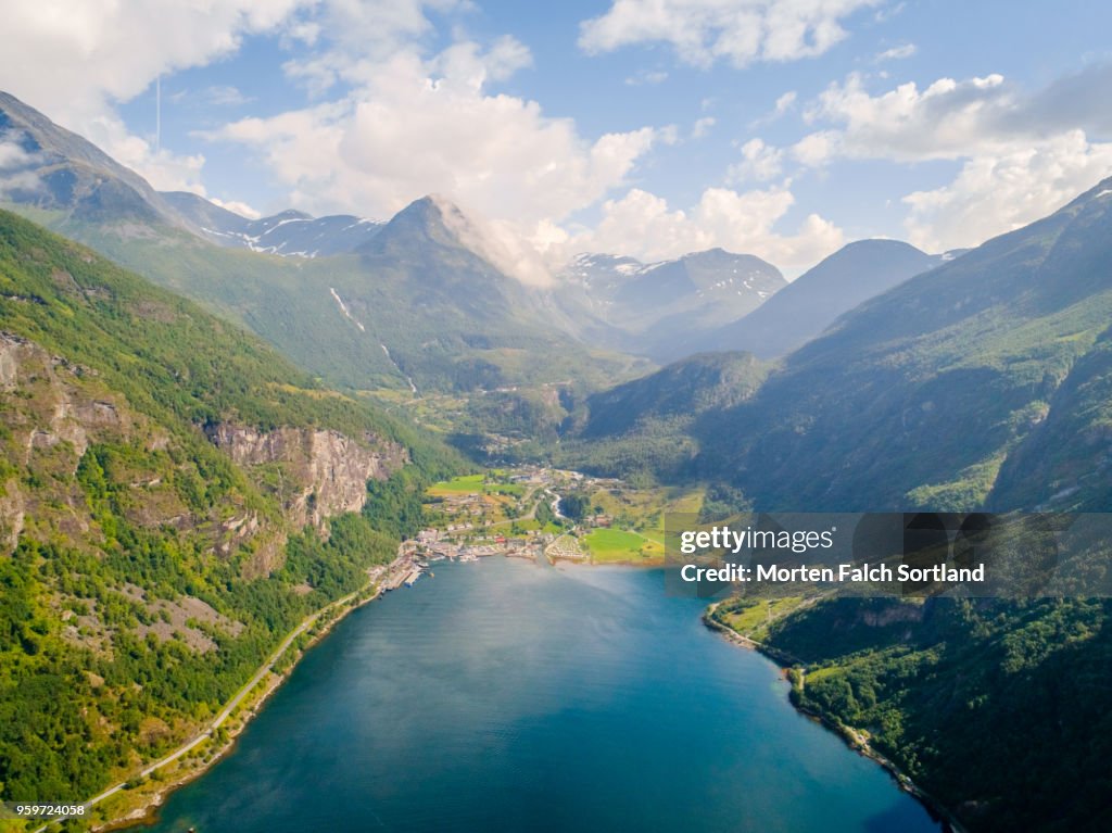 Aerial Drone Shot of the Majestic Geirangerfjord, Norway Summertime