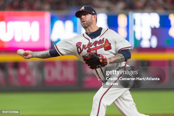 Peter Moylan of the Atlanta Braves pitches during the game against the San Francisco Giants at SunTrust Park on May 5 in Atlanta, Georgia. The Giants...