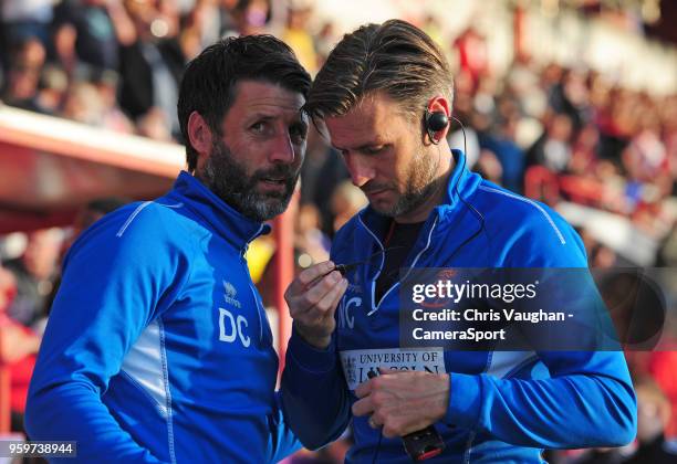 Lincoln City manager Danny Cowley, left, and Lincoln City's assistant manager Nicky Cowley during the Sky Bet League Two Play Off Semi Final:Second...